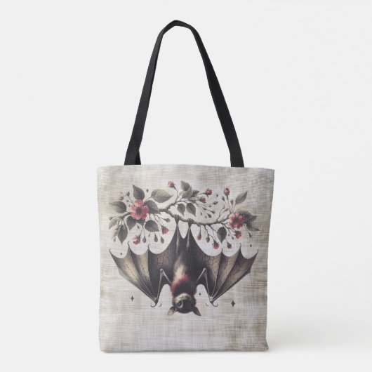 Halloween Roze Bloemen Boze vleermuis Groene blade Tote Bag (Achterkant)