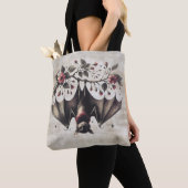 Halloween Roze Bloemen Boze vleermuis Groene blade Tote Bag (Dichtbij)