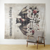 Halloween Roze Bloemen Boze Vleermuis Groene Blade Wandkleed (In Situ (horizontaal))