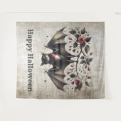 Halloween Roze Bloemen Boze Vleermuis Groene Blade Wandkleed (Voorkant (horizontaal))