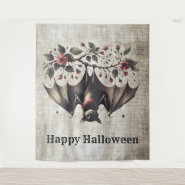 Halloween Roze Bloemen Boze Vleermuis Groene Blade Wandkleed