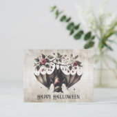 Halloween Roze Bloemen Kwaadaardige Vleermuis Groe Briefkaart (Staand voorkant)