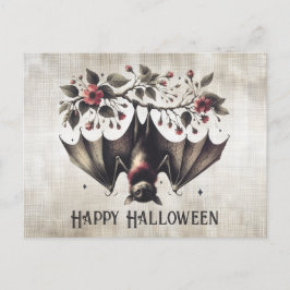 Halloween Roze Bloemen Kwade Vleermuis Groene Blad Briefkaart