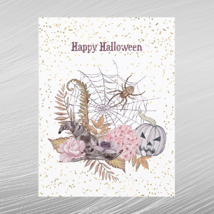 Halloween Roze Bloemige Pompoen Spinnenweb Feestdagenkaart