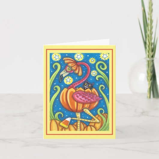 HALLOWEEN ROZE FLAMINGO ZWARTE KAT IN POMPOEN Blan Kaart (Voorkant)