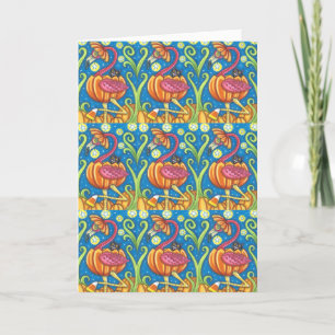HALLOWEEN ROZE FLAMINGO & ZWARTE KAT IN POMPOEN FEESTDAGEN KAART