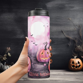Halloween roze pompoen gepersonaliseerd thermosbeker