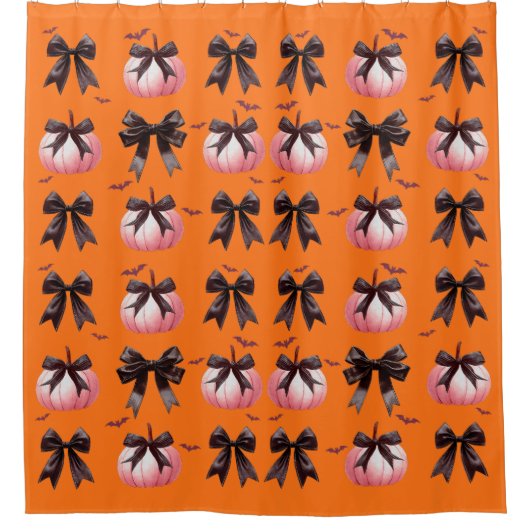 Halloween Roze Pompoen Zwarte Boog Sinaasappel Douchegordijn (Voorkant)