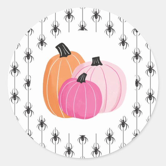 Halloween Roze Pompoenen en Spinnen Ronde Sticker (Voorkant)