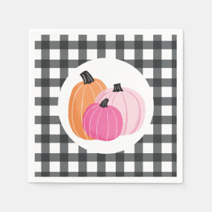 Halloween roze pompoenen zwarte karierte servetten
