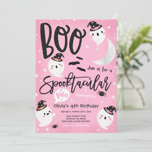 Halloween Roze Schattigee Geest Verjaardag Spookta Kaart (Staand voorkant)