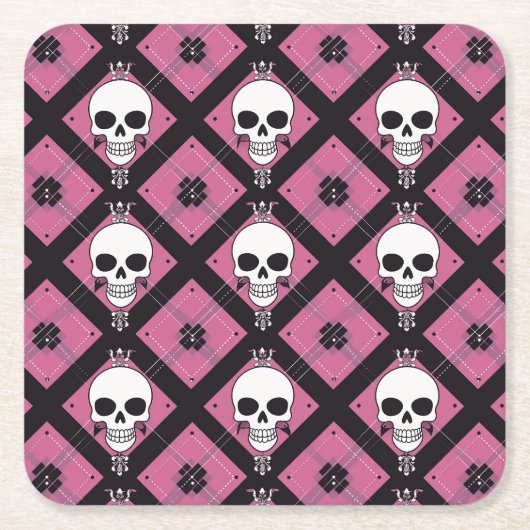 Halloween roze Schattigee schedel geruit Kartonnen Onderzetters (Voorkant)