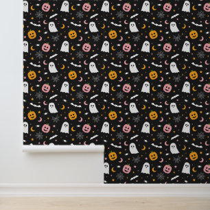 Halloween Roze & Sinaasappel & Zwarte Pompoen Spid Behang