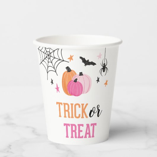 Halloween Roze Trick or treat Pompoenen Spinnenweb Papieren Bekers (Voorkant)