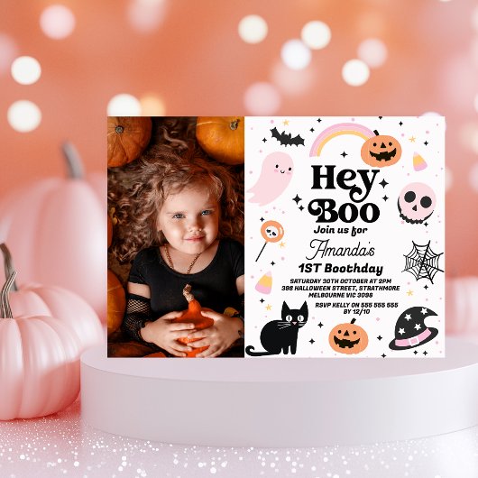 Halloween Roze Zwart Hey Boo 1e Verjaardag Kaart