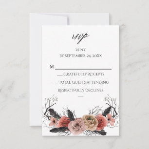 Halloween Roze & Zwarte Bloemen geen Maaltijd RSVP Kaartje