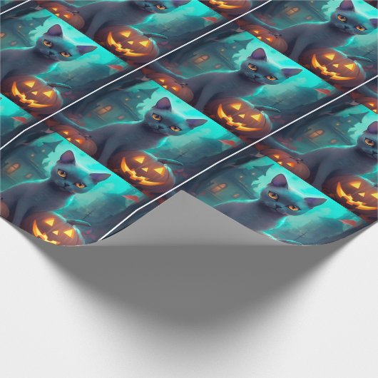 Halloween Russisch blauw Kat met pompoenen eng Cadeaupapier (Hoek)