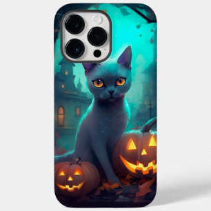 Halloween Russisch blauw Kat met pompoenen eng Case-Mate iPhone 14 Pro Max Hoesje