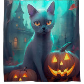 Halloween Russisch blauw Kat met pompoenen eng Douchegordijn (Voorkant)
