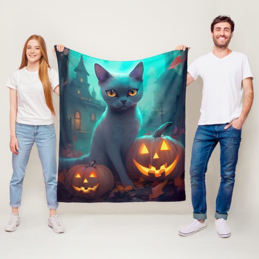 Halloween Russisch blauw Kat met pompoenen eng Fleece Deken (In situ)