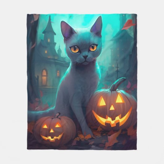 Halloween Russisch blauw Kat met pompoenen eng Fleece Deken (Voorkant)