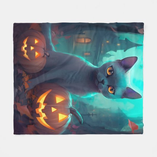 Halloween Russisch blauw Kat met pompoenen eng Fleece Deken (Voorkant (Horizontaal))