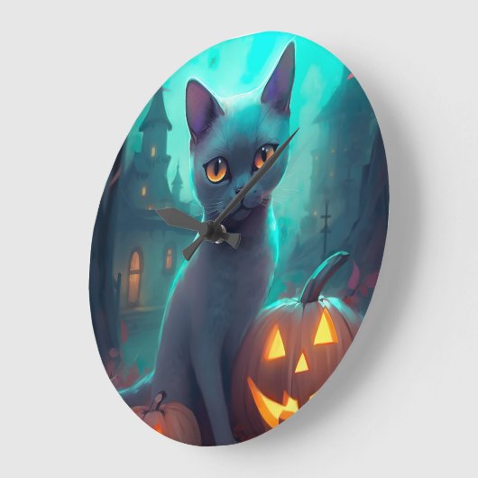 Halloween Russisch blauw Kat met pompoenen eng Grote Klok (Hoek)