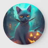 Halloween Russisch blauw Kat met pompoenen eng Grote Klok (Voorkant)