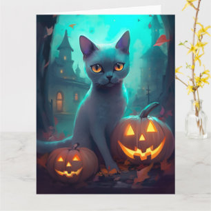 Halloween Russisch blauw Kat met pompoenen eng Kaart
