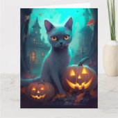 Halloween Russisch blauw Kat met pompoenen eng Kaart (Voorkant)