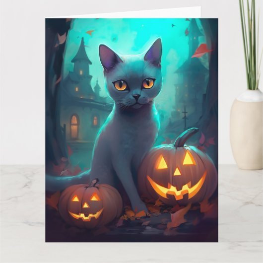Halloween Russisch blauw Kat met pompoenen eng Kaart (Voorkant)