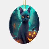 Halloween Russisch blauw Kat met pompoenen eng Keramisch Ornament (Rechts)