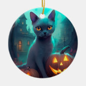Halloween Russisch blauw Kat met pompoenen eng Keramisch Ornament (Voorkant)