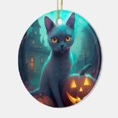 Halloween Russisch blauw Kat met pompoenen eng Keramisch Ornament (Links)