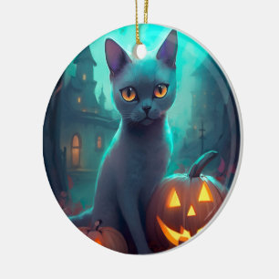 Halloween Russisch blauw Kat met pompoenen eng Keramisch Ornament