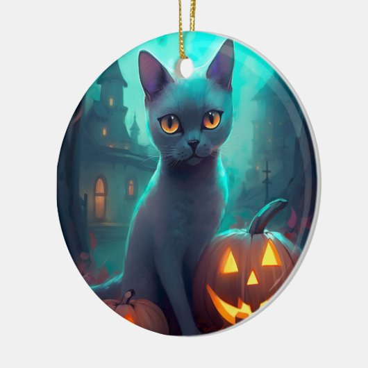Halloween Russisch blauw Kat met pompoenen eng Keramisch Ornament (Links)