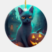 Halloween Russisch blauw Kat met pompoenen eng Keramisch Ornament (Achterkant)