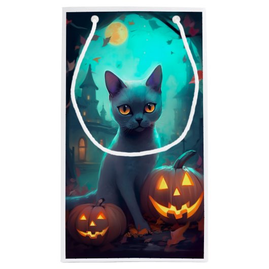 Halloween Russisch blauw Kat met pompoenen eng Klein Cadeauzakje (Achterkant)