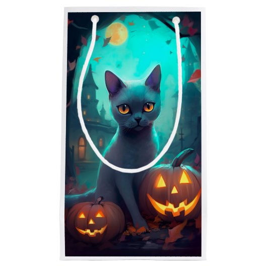Halloween Russisch blauw Kat met pompoenen eng Klein Cadeauzakje (Voorkant)
