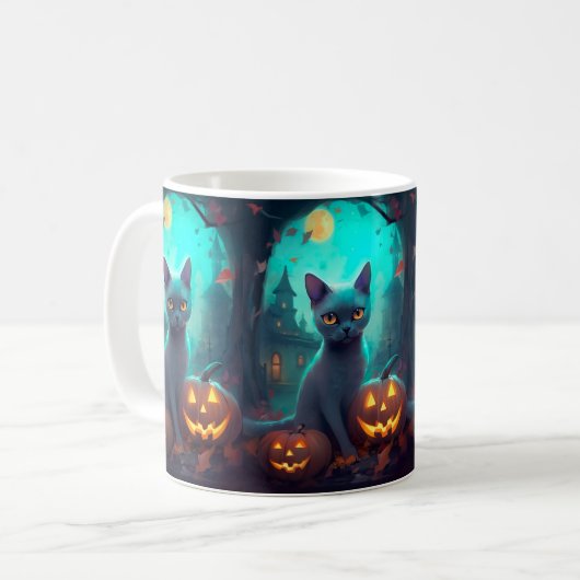 Halloween Russisch blauw Kat met pompoenen eng Koffiemok (Voorkant links)