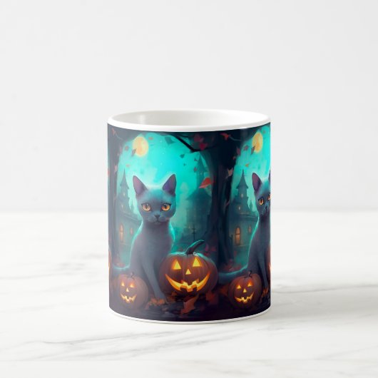 Halloween Russisch blauw Kat met pompoenen eng Koffiemok (Center)