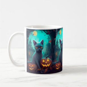Halloween Russisch blauw Kat met pompoenen eng Koffiemok