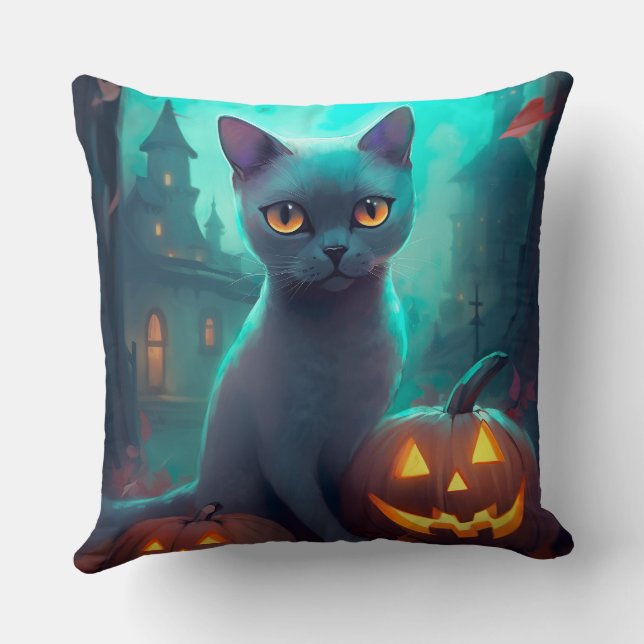 Halloween Russisch blauw Kat met pompoenen eng Kussen (Achterkant)