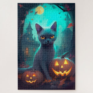 Halloween Russisch blauw Kat met pompoenen eng Legpuzzel