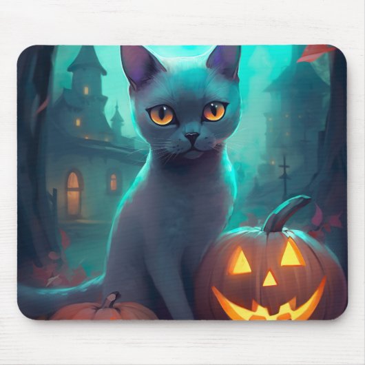 Halloween Russisch blauw Kat met pompoenen eng Muismat (Voorkant)