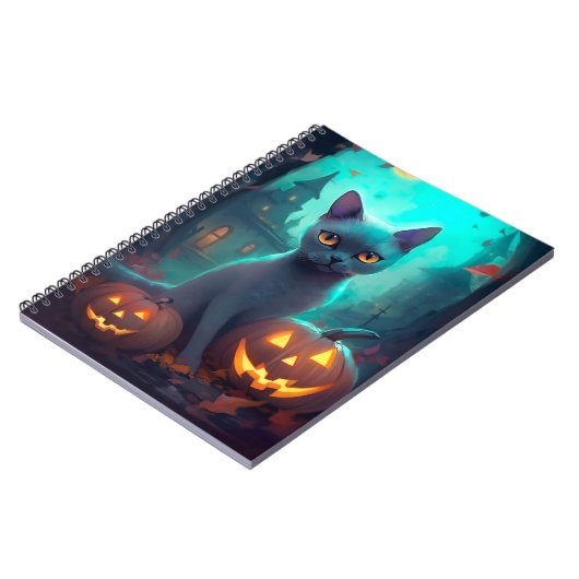 Halloween Russisch blauw Kat met pompoenen eng Notitieboek (Linkerzijde)
