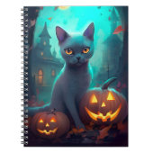 Halloween Russisch blauw Kat met pompoenen eng Notitieboek (Voorkant)