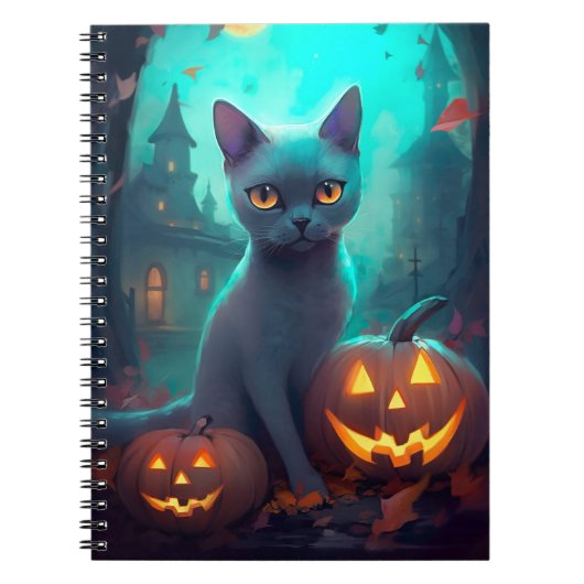 Halloween Russisch blauw Kat met pompoenen eng Notitieboek (Voorkant)
