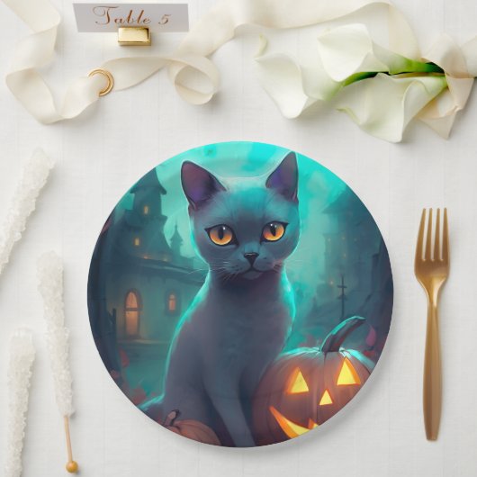 Halloween Russisch blauw Kat met pompoenen eng Papieren Bordje (Huwelijk)