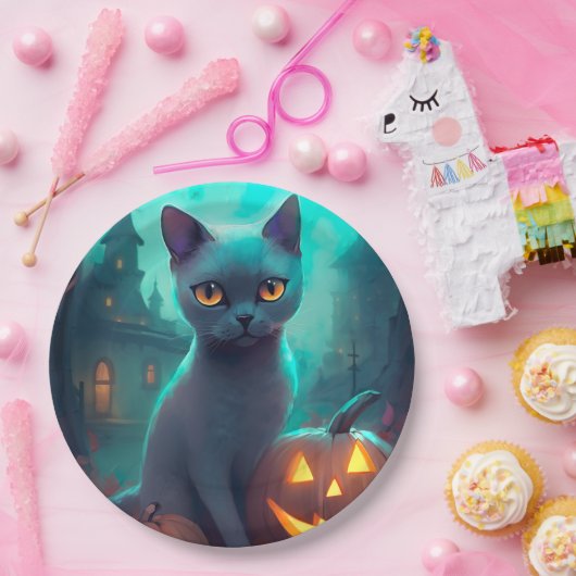 Halloween Russisch blauw Kat met pompoenen eng Papieren Bordje (Feest)